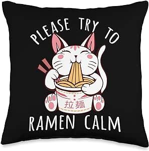Kawaii Ramen Lover Love Japanese Noodle Japan Food Remain Calm Noodle Eating Food Lover Kawaii Cat Ramen Throw Pillow, 16x16, Multicolor